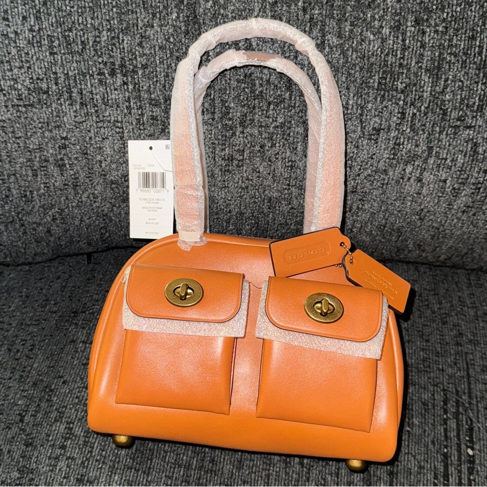 Coach Twin Turnlock Bag 20 in Dark Brass/Toffee Waxed Full Grain Leather NWT